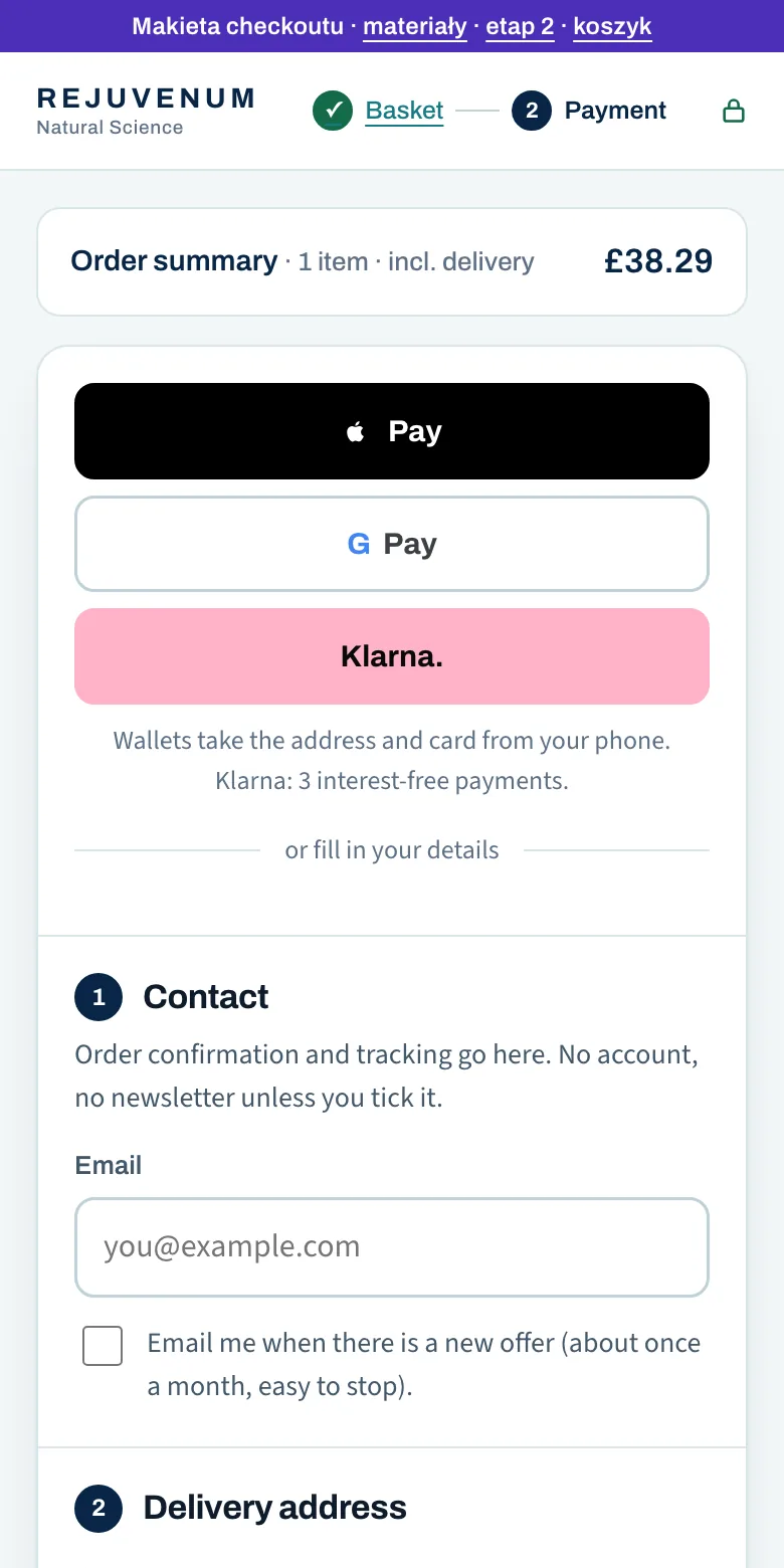 Nowy checkout, pierwszy ekran na telefonie